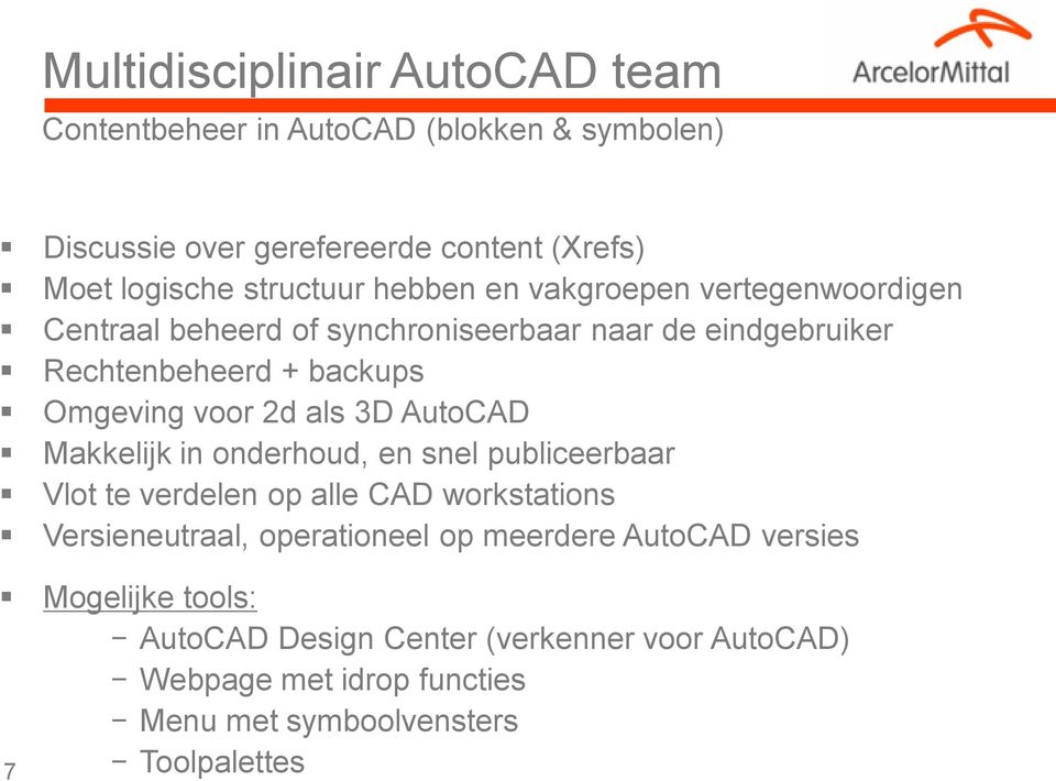 3D AutoCAD Makkelijk in onderhoud, en snel publiceerbaar Vlot te verdelen op alle CAD workstations Versieneutraal, operationeel op meerdere