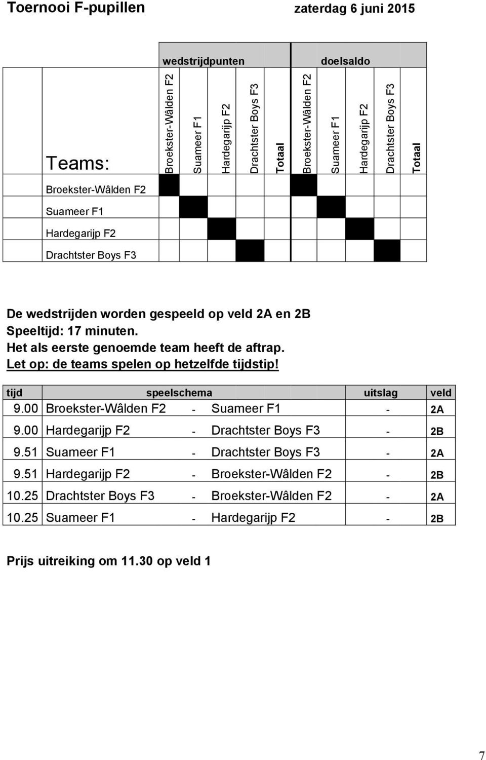Het als eerste genoemde team heeft de aftrap. Let op: de teams spelen op hetzelfde tijdstip! tijd speelschema uitslag veld 9.00 Broekster-Wâlden F2 - Suameer F1-2A 9.