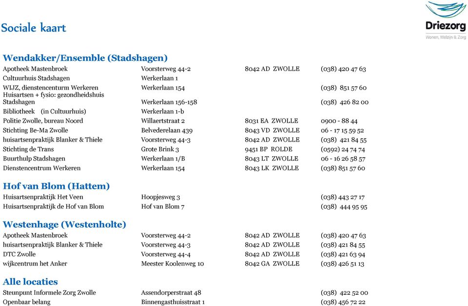 Stichting Be-Ma Zwolle Belvederelaan 439 8043 VD ZWOLLE 06-17 15 59 52 huisartsenpraktijk Blanker & Thiele Voorsterweg 44-3 8042 AD ZWOLLE (038) 421 84 55 Stichting de Trans Grote Brink 3 9451 BP