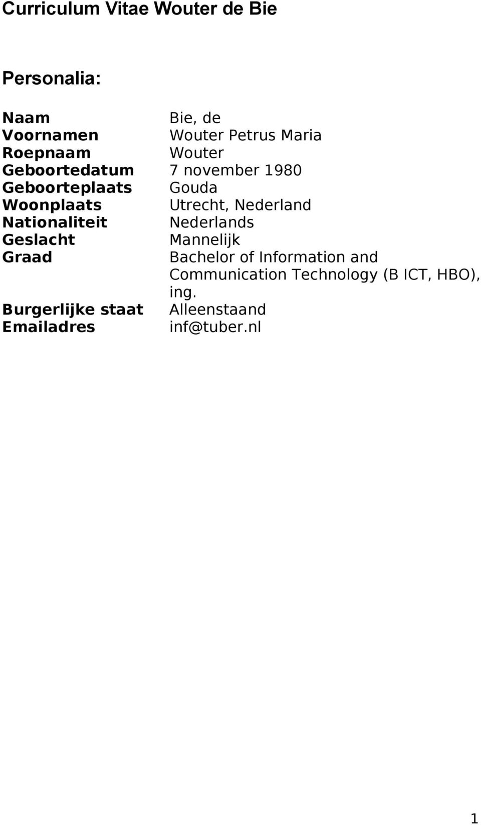 Nederland Nationaliteit Nederlands Geslacht Mannelijk Graad Bachelor of Information and
