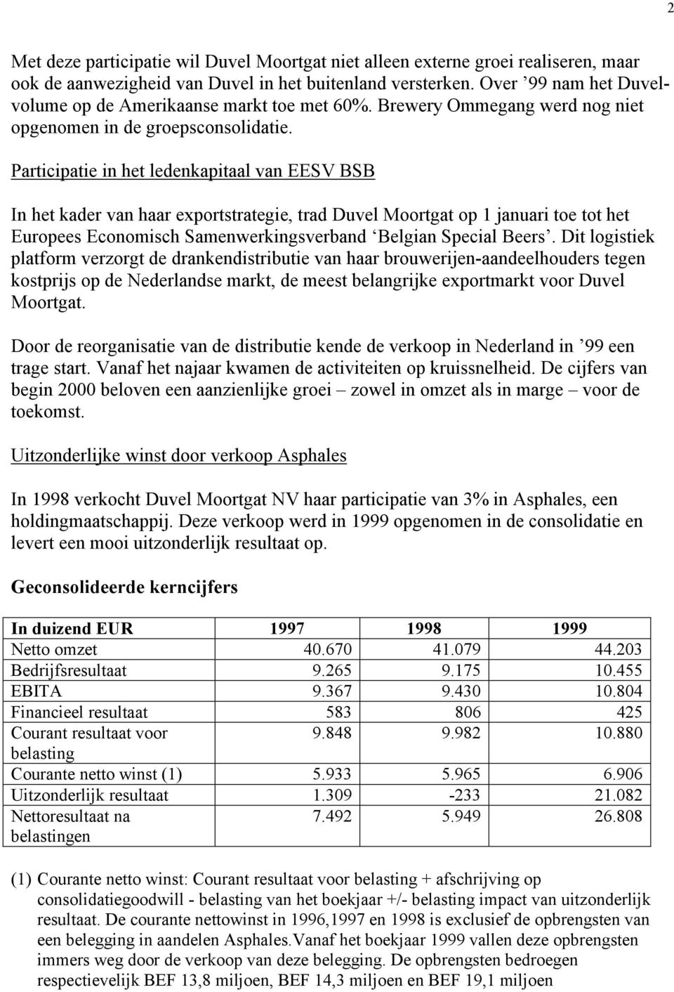 Participatie in het ledenkapitaal van EESV BSB In het kader van haar exportstrategie, trad Duvel Moortgat op 1 januari toe tot het Europees Economisch Samenwerkingsverband Belgian Special Beers.