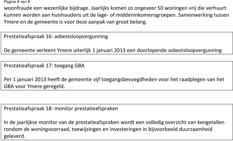 Prestatieafspraak 16: asbestsloopvergunning De gemeente verleent Ymere uiterlijk 1 januari 2013 een doorlopende asbestsloopvergunning Prestatieafspraak 17: toegang GBA Per 1 januari 2013 heeft