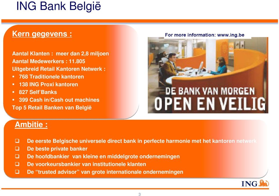 Top 5 Retail Banken van België Ambitie : De eerste Belgische universele direct bank in perfecte harmonie met het kantoren netwerk De