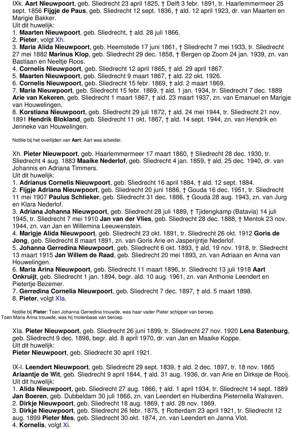 Sliedrecht 27 mei 1882 Marinus Klop, geb. Sliedrecht 29 dec. 1858, Bergen op Zoom 24 jan. 1939, zn. van Bastiaan en Neeltje Roos. 4. Cornelis Nieuwpoort, geb. Sliedrecht 12 april 1865, ald.