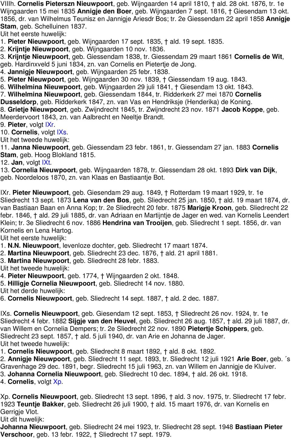 19 sept. 1835. 2. Krijntje Nieuwpoort, geb. Wijngaarden 10 nov. 1836. 3. Krijntje Nieuwpoort, geb. Giessendam 1838, tr. Giessendam 29 maart 1861 Cornelis de Wit, geb. Hardinxveld 5 juni 1834, zn.