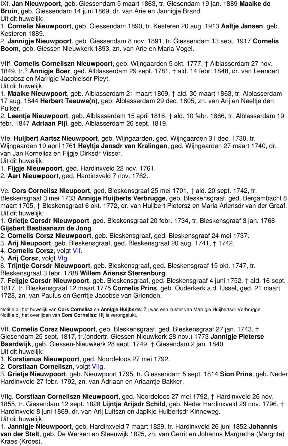 Giessen Nieuwkerk 1893, zn. van Arie en Maria Vogel. VIIf. Cornelis Corneliszn Nieuwpoort, geb. Wijngaarden 5 okt. 1777, Alblasserdam 27 nov. 1849, tr.? Annigje Boer, ged. Alblasserdam 29 sept.