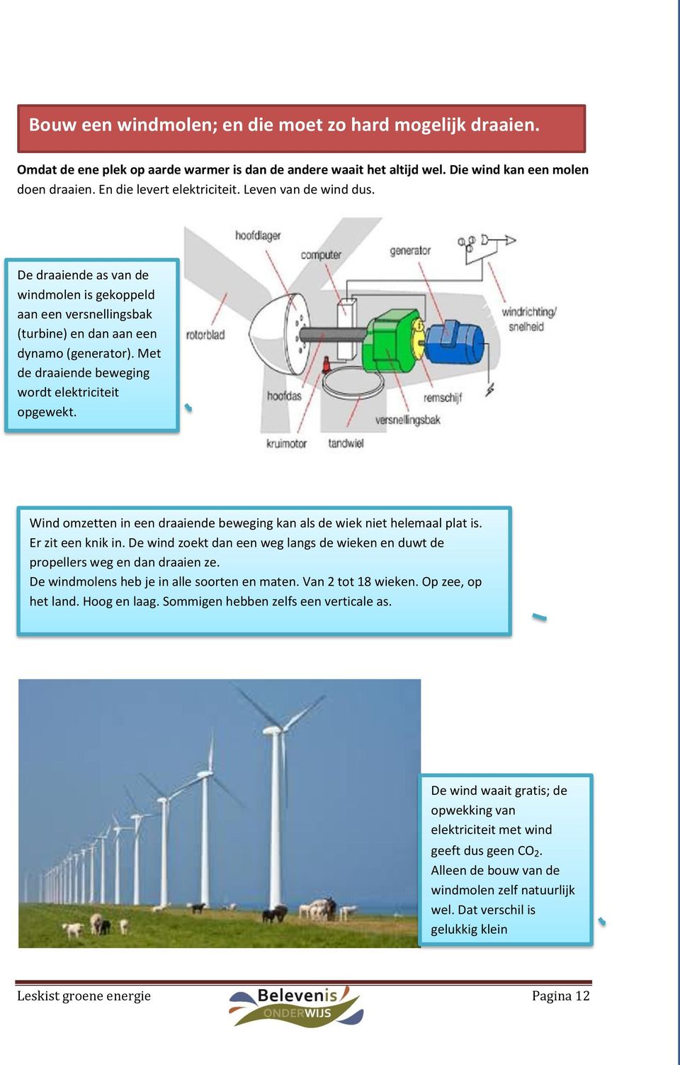 Wind omzetten in een draaiende beweging kan als de wiek niet helemaal plat is. Er zit een knik in. De wind zoekt dan een weg langs de wieken en duwt de propellers weg en dan draaien ze.