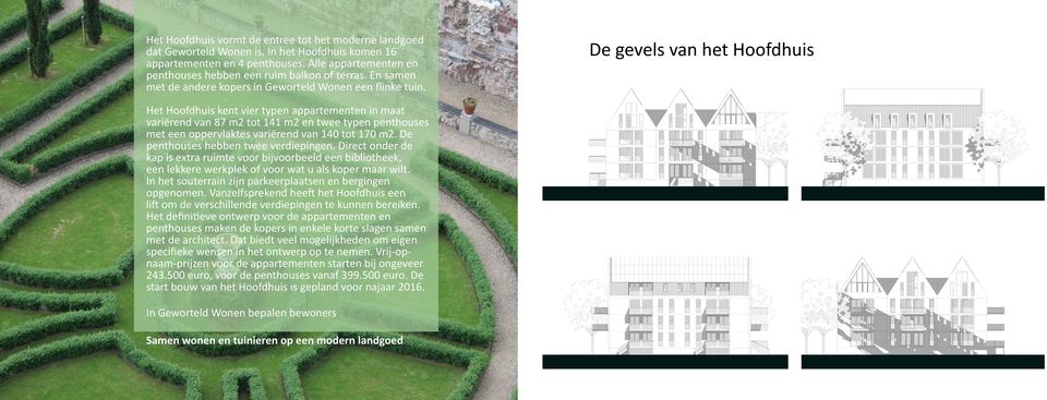 De gevels van het Hoofdhuis Het Hoofdhuis kent vier typen appartementen in maat variërend van 87 m2 tot 141 m2 en twee typen penthouses met een oppervlaktes variërend van 140 tot 170 m2.