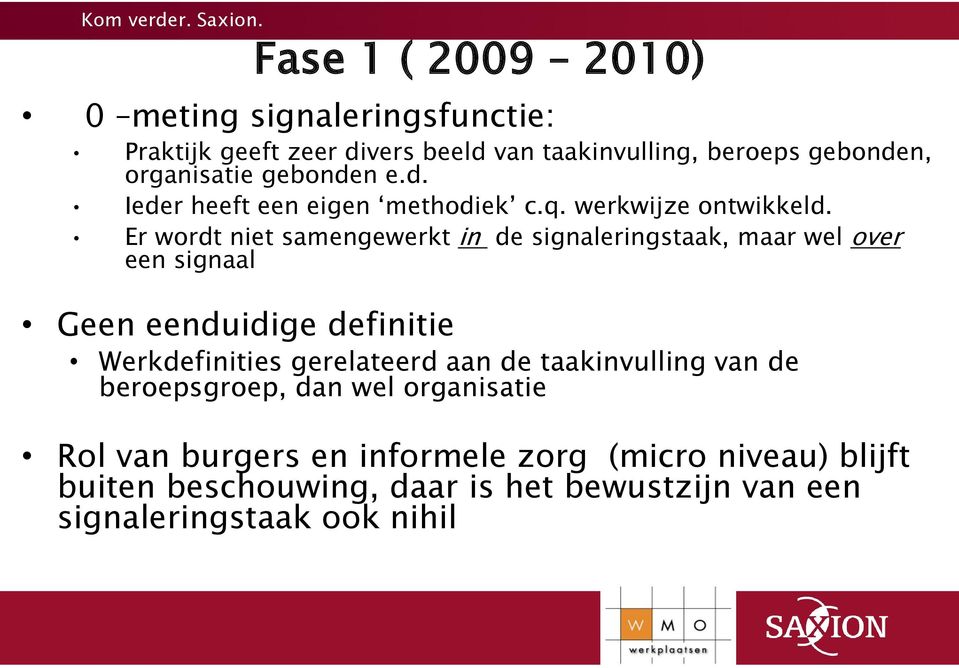 Er wordt niet samengewerkt in de signaleringstaak, maar wel over een signaal Geen eenduidige definitie Werkdefinities gerelateerd