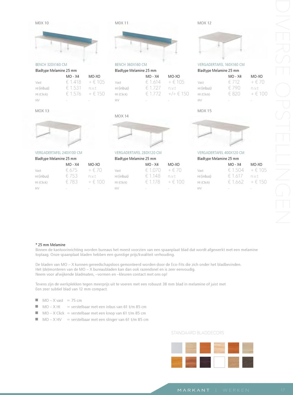 614 + 105 HI (inbus) 1.727 n.v.t HI (Click) 1.772 +/+ 150 HV - - MOx 13 MOx 15 MOx 14 VERGADERTAFEL 280x120 cm Bladtype Melamine 25 mm MO - X4 MO-XO Vast 1.070 + 70 HI (inbus) 1.148 n.v.t HI (Click) 1.178 + 100 HV - - VERGADERTAFEL 160x160 cm Bladtype Melamine 25 mm MO - X4 MO-XO Vast 712 + 70 HI (inbus) 790 n.