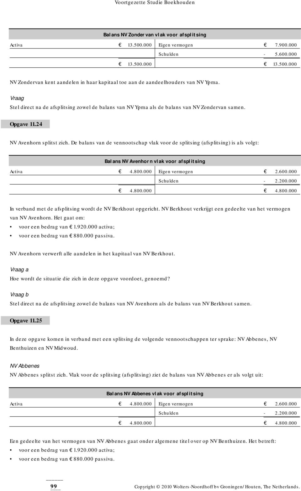 De balans van de vennootschap vlak voor de splitsing (afsplitsing) is als volgt: Balans NV Avenhorn vlak voor afsplitsing Activa 4.800.000 Eigen vermogen 2.600.000 Schulden - 2.200.000 4.800.000 4.800.000 In verband met de afsplitsing wordt de NV Berkhout opgericht.