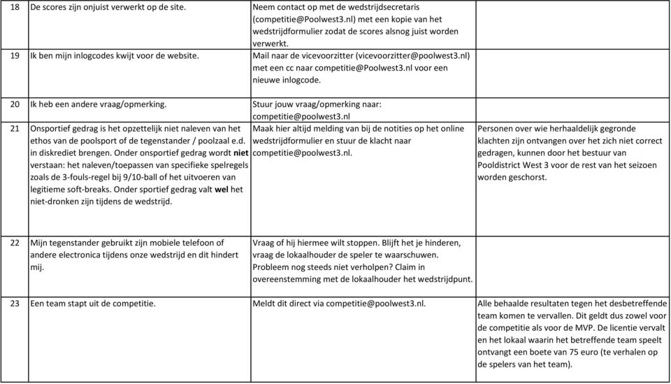 nl) met een cc naar competitie@poolwest3.nl voor een nieuwe inlogcode. 20 Ik heb een andere vraag/opmerking. Stuur jouw vraag/opmerking naar: competitie@poolwest3.