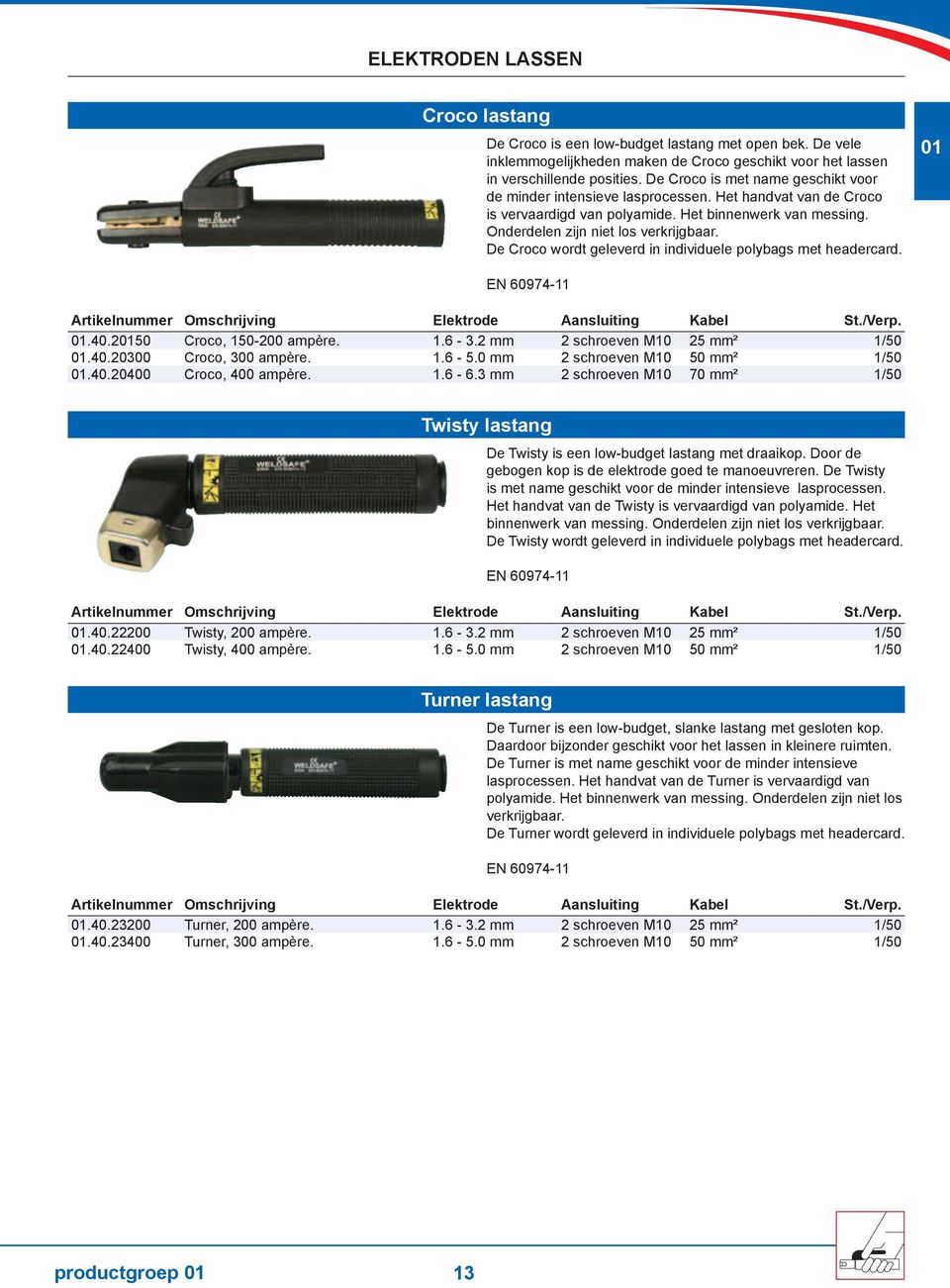 De Croco wordt geleverd in individuele polybags met headercard. EN 60974-11 Artikelnummer Omschrijving Elektrode Aansluiting Kabel St./Verp..40.250 Croco, 150-200 ampère. 1.6-3.