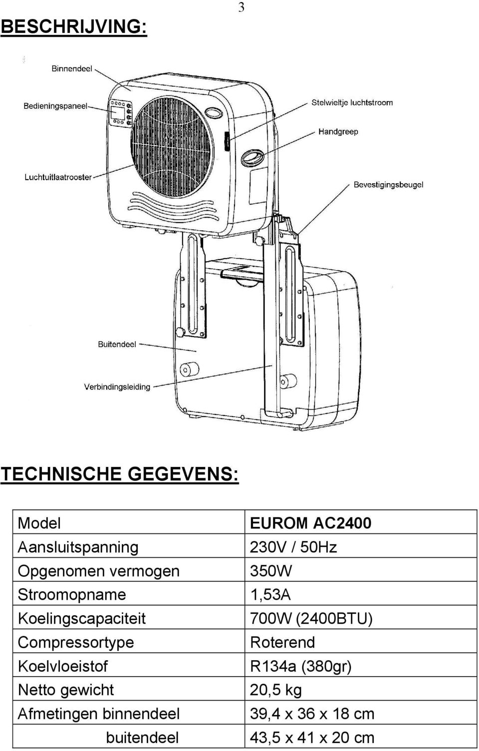 700W (2400BTU) Compressortype Roterend Koelvloeistof R134a (380gr) Netto