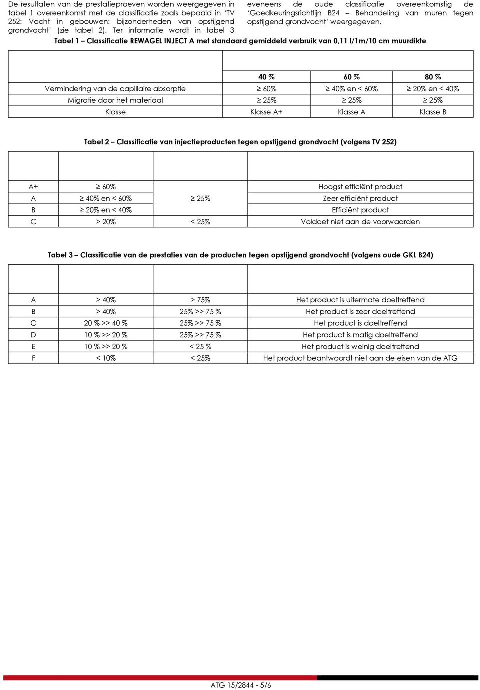 Tabel 1 Classificatie REWAGEL INJECT A met standaard gemiddeld verbruik van 0,11 l/1m/10 cm muurdikte Capaciteit van de initiële doeltreffendheid van het product REWAGEL INJECT A met standaard