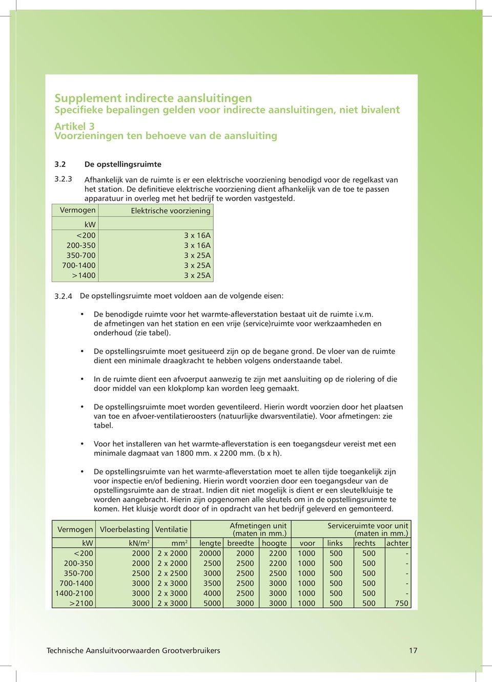 De definitieve elektrische voorziening dient afhankelijk van de toe te passen apparatuur in overleg met het bedrijf te worden vastgesteld.