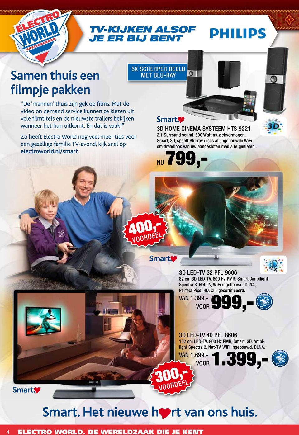 Zo heeft Electro World nog veel meer tips voor een gezellige familie TV-avond, kijk snel op electroworld.nl/smart 5x scherper beeld met Blu-ray 3D Home Cinema Systeem HTS 9221 2.
