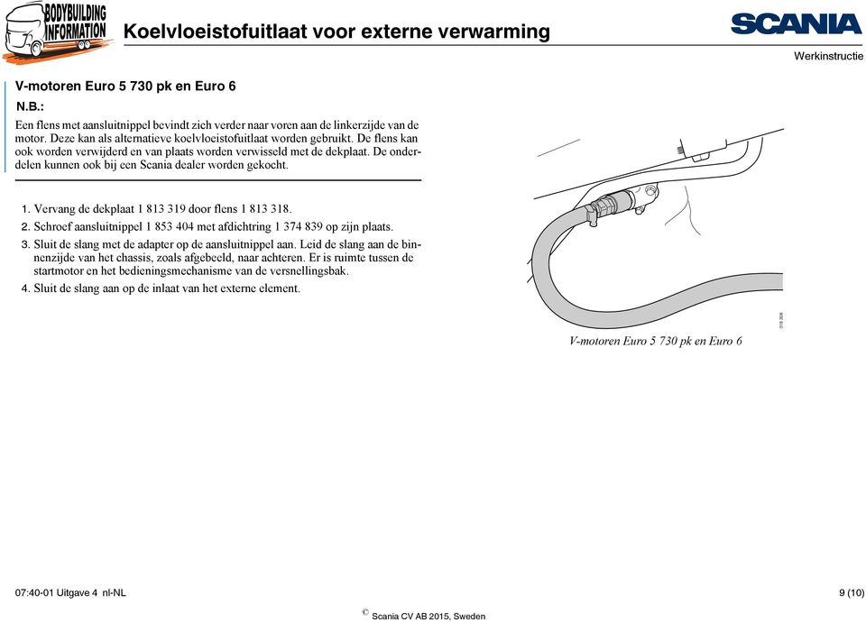 Vervang de dekplaat 1 813 319 door flens 1 813 318. 2. Schroef aansluitnippel 1 853 404 met afdichtring 1 374 839 op zijn plaats. 3. Sluit de slang met de adapter op de aansluitnippel aan.