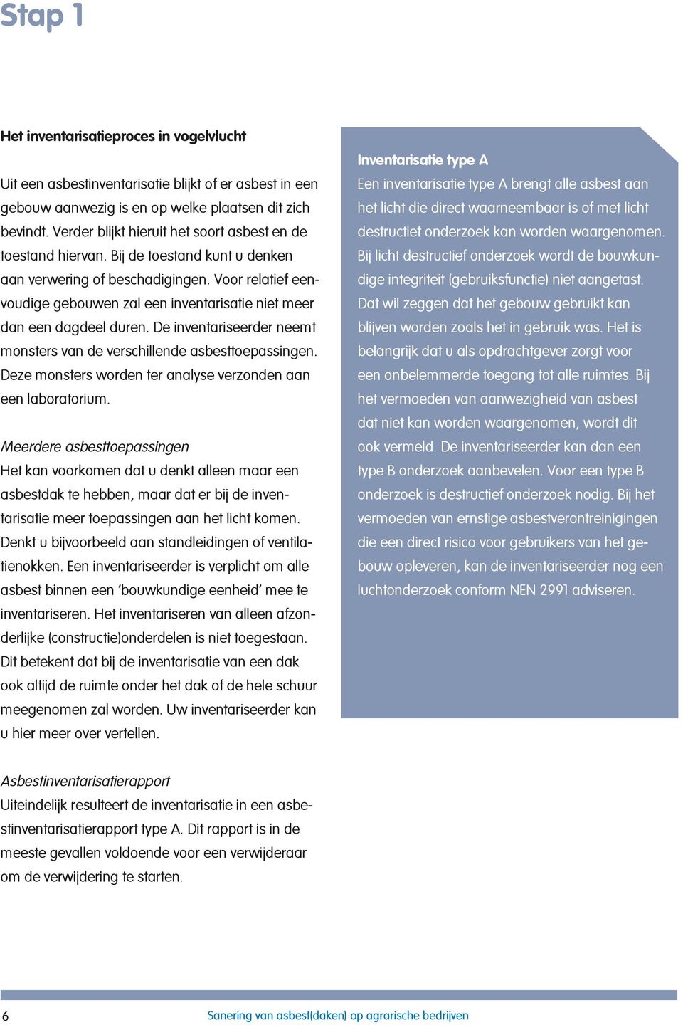 Voor relatief eenvoudige gebouwen zal een inventarisatie niet meer dan een dagdeel duren. De inventariseerder neemt monsters van de verschillende asbesttoepassingen.