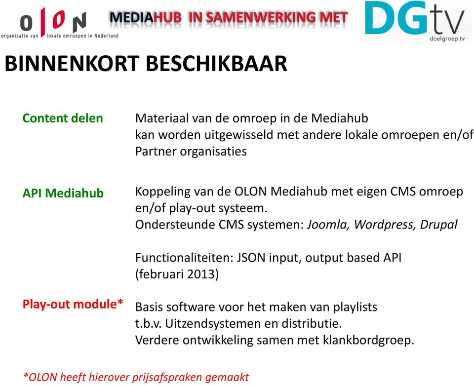 Ondersteunde CMS systemen: Joomla, Wordpress, Drupal Functionaliteiten: JSON input, output based API (februari 2013) Play-out module*