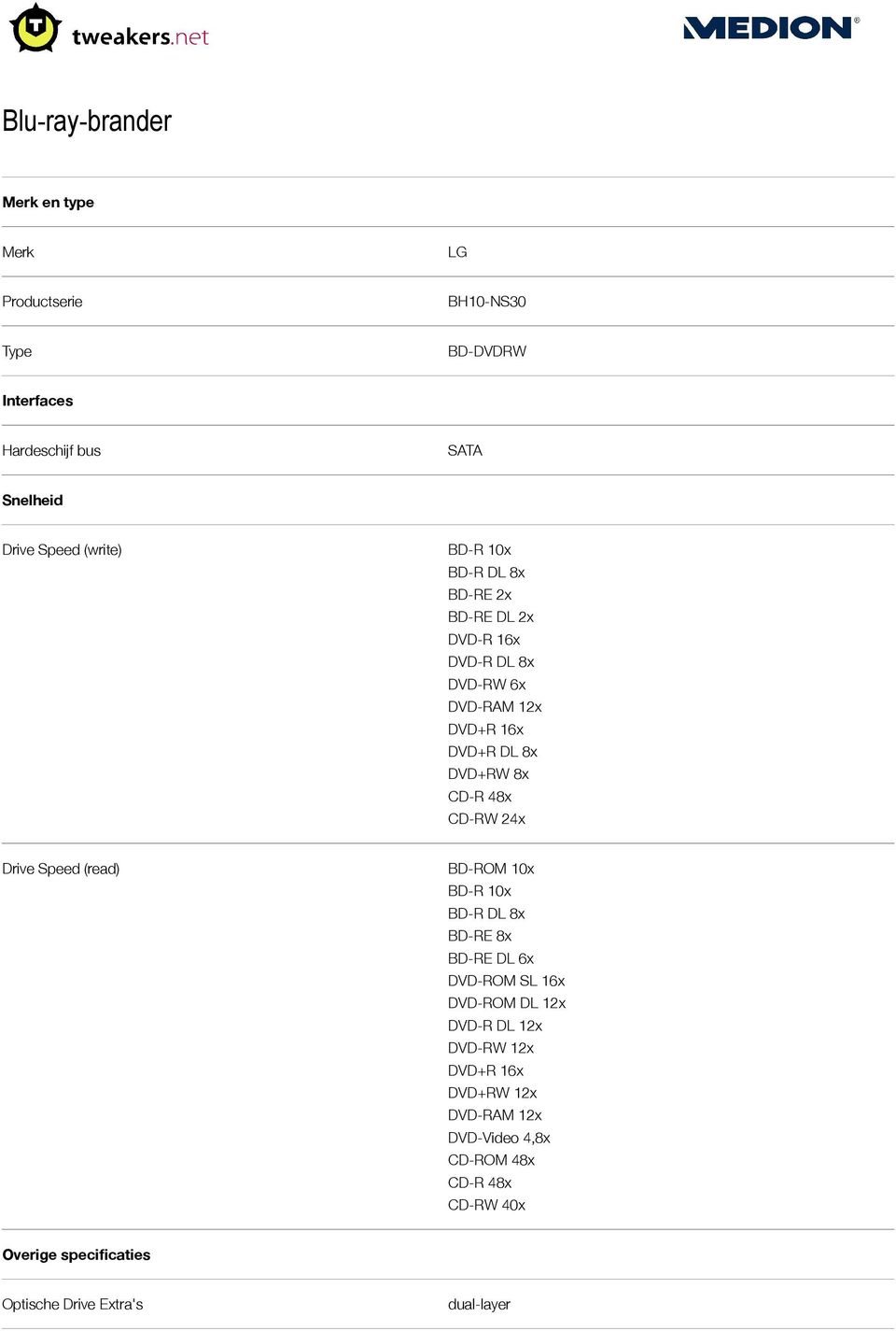 Drive Speed (read) BD-ROM 10x BD-R 10x BD-R DL 8x BD-RE 8x BD-RE DL 6x DVD-ROM SL 16x DVD-ROM DL 12x DVD-R DL 12x DVD-RW 12x