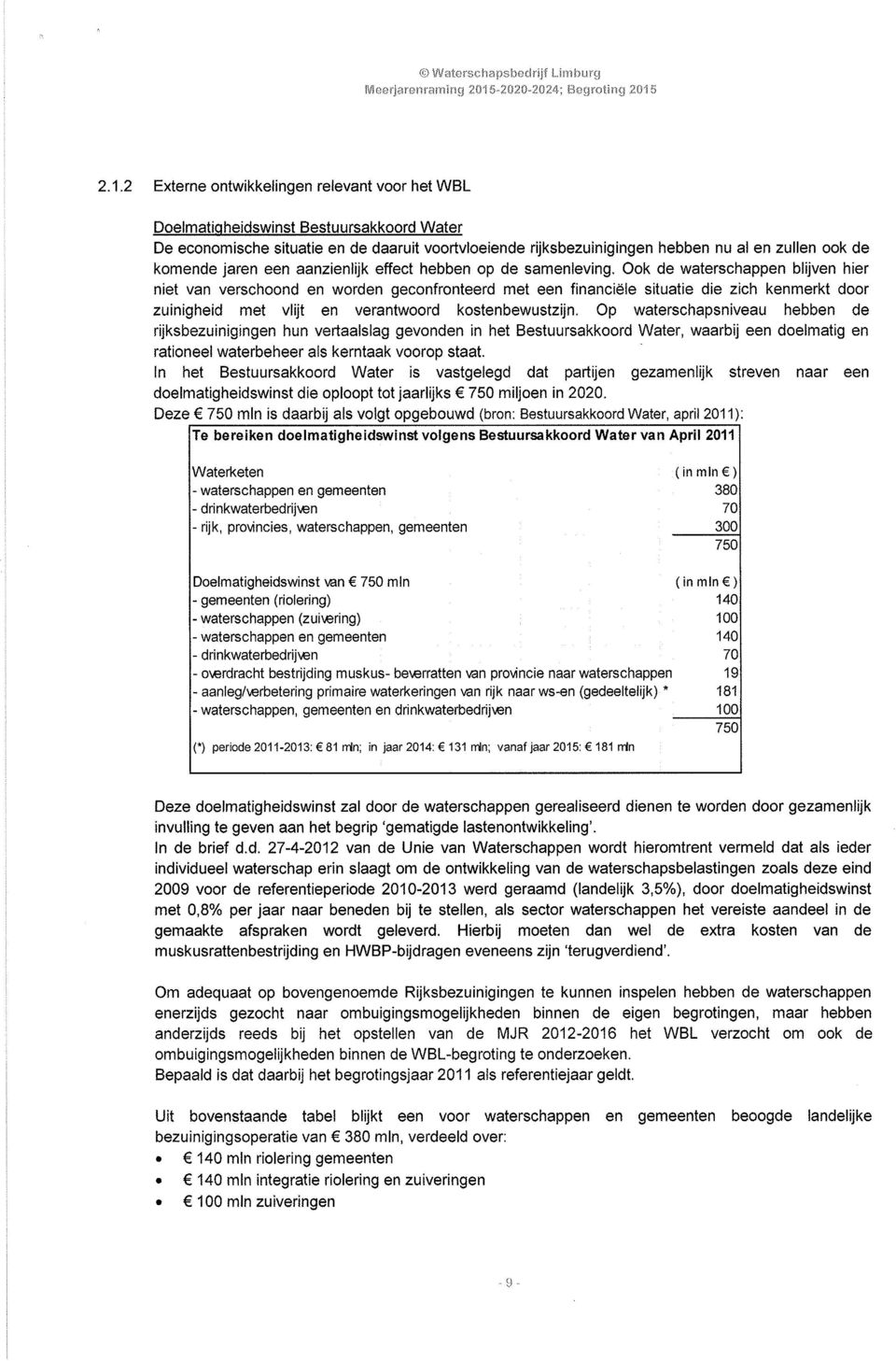 2.1.2 Externe ontwikkelingen relevant voor het WBL Doelmatigheidswinst Bestuursakkoord Water De enomische situatie en de daaruit voortvloeiende rijksbezuinigingen hebben nu al en zullen ook de