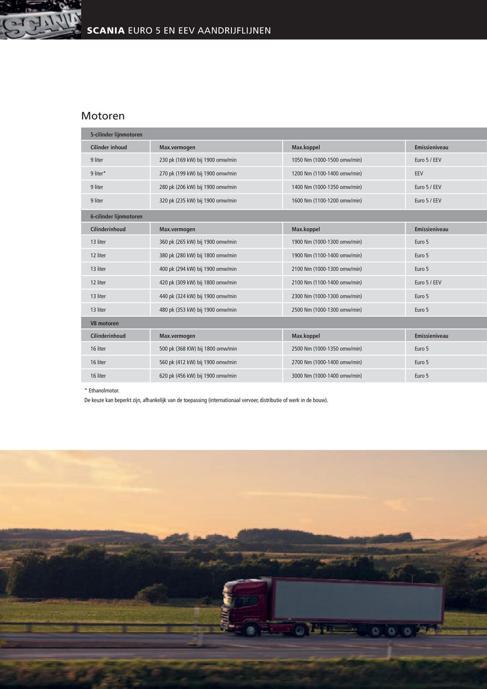 kw) bij 1900 omw/min 1400 Nm (1000-1350 omw/min) Euro 5 / EEV 9 liter 320 pk (235 kw) bij 1900 omw/min 1600 Nm (1100-1200 omw/min) Euro 5 / EEV 6-cilinder lijnmotoren Cilinderinhoud Max.vermogen Max.