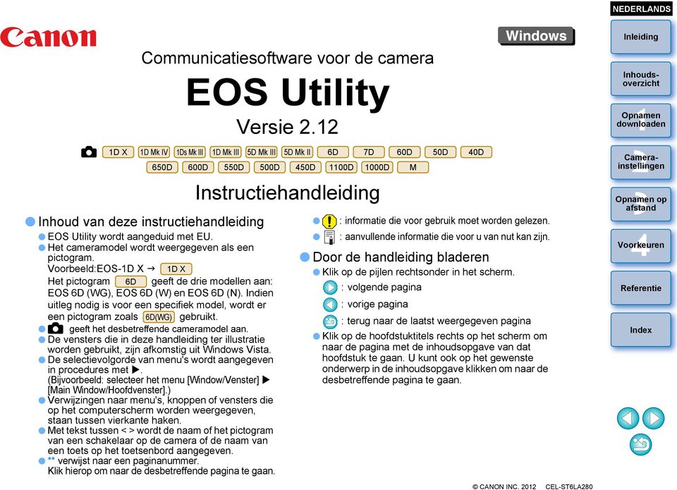Het cameramodel wordt weergegeven als een 650D 600D 550D 500D 50D 00D 000D M pictogram. Voorbeeld:EOS-D X D X Het pictogram 6D geeft de drie modellen aan: EOS 6D (WG), EOS 6D (W) en EOS 6D (N).