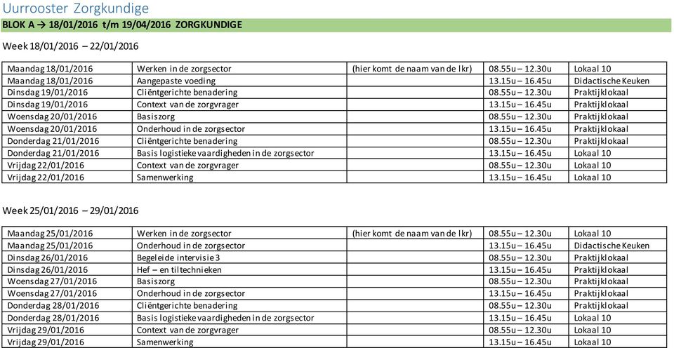 30u Praktijklokaal Dinsdag 19/01/2016 Context van de zorgvrager 13.15u 16.45u Praktijklokaal Woensdag 20/01/2016 Basiszorg 08.55u 12.