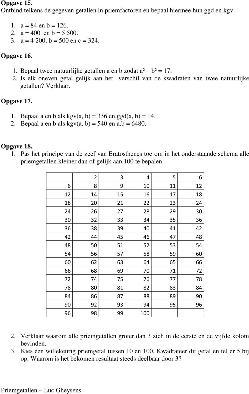 Bepaal a en b als kgv(a, b) = 540 en a.b = 6480. Opgave 18. 1. Pas het principe van de zeef van Eratosthenes toe om in het onderstaande schema alle priemgetallen kleiner dan of gelijk aan 100 te bepalen.