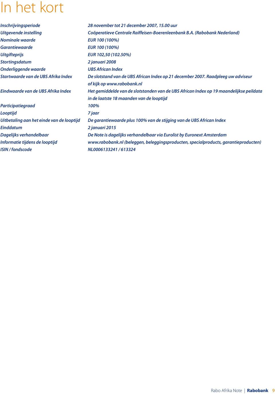 50%) Stortingsdatum 2 januari 2008 Onderliggende waarde UBS African Index Startwaarde van de UBS Afrika Index De slotstand van de UBS African Index op 21 december 2007.