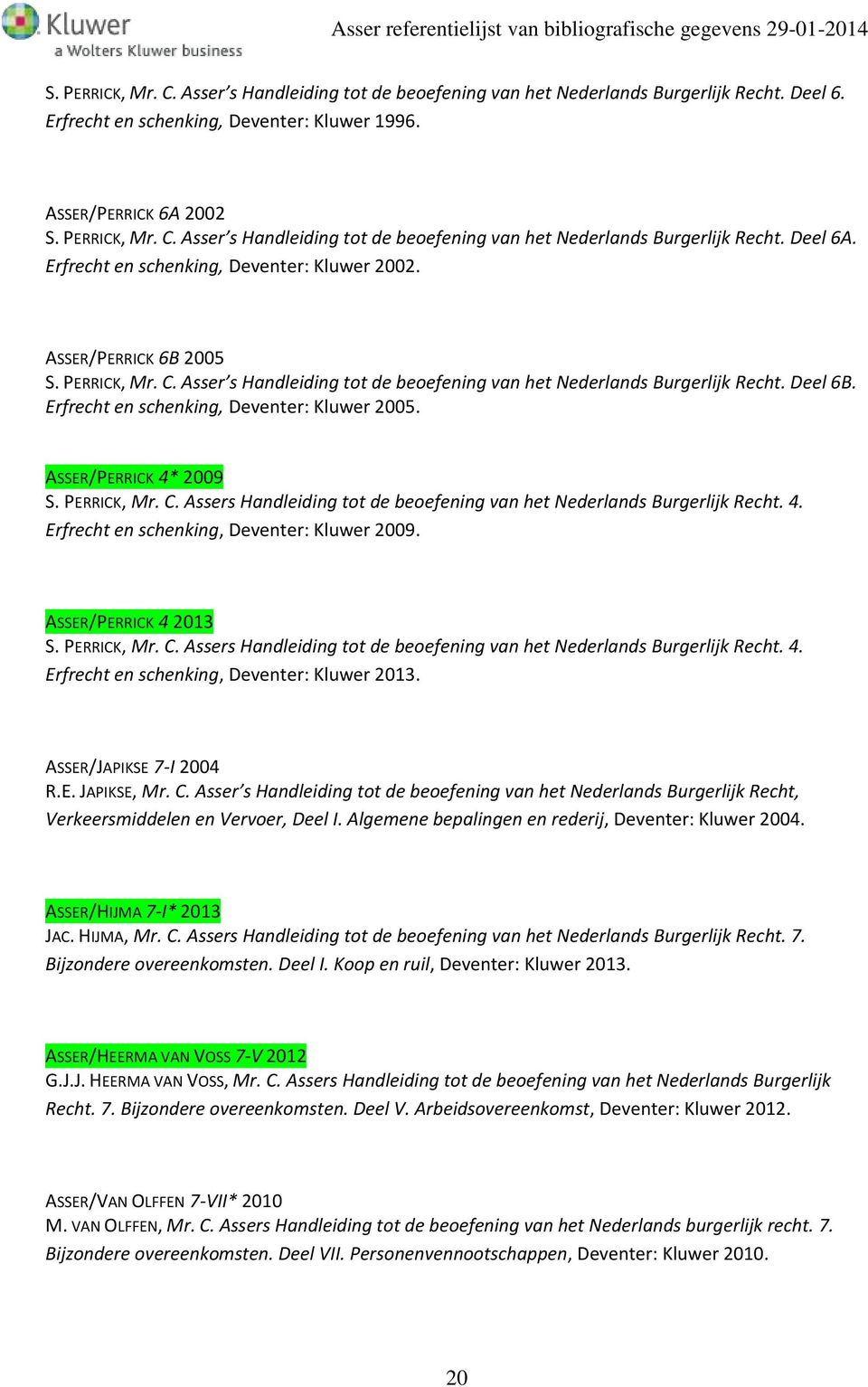 Erfrecht en schenking, Deventer: Kluwer 2005. ASSER/PERRICK 4* 2009 S. PERRICK, Mr. C. Assers Handleiding tot de beoefening van het Nederlands Burgerlijk Recht. 4. Erfrecht en schenking, Deventer: Kluwer 2009.