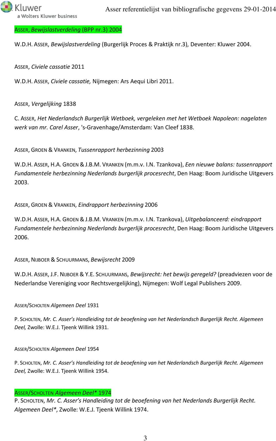 ASSER, GROEN & VRANKEN, Tussenrapport herbezinning 2003 W.D.H. ASSER, H.A. GROEN & J.B.M. VRANKEN (m.m.v. I.N. Tzankova), Een nieuwe balans: tussenrapport Fundamentele herbezinning Nederlands burgerlijk procesrecht, Den Haag: Boom Juridische Uitgevers 2003.