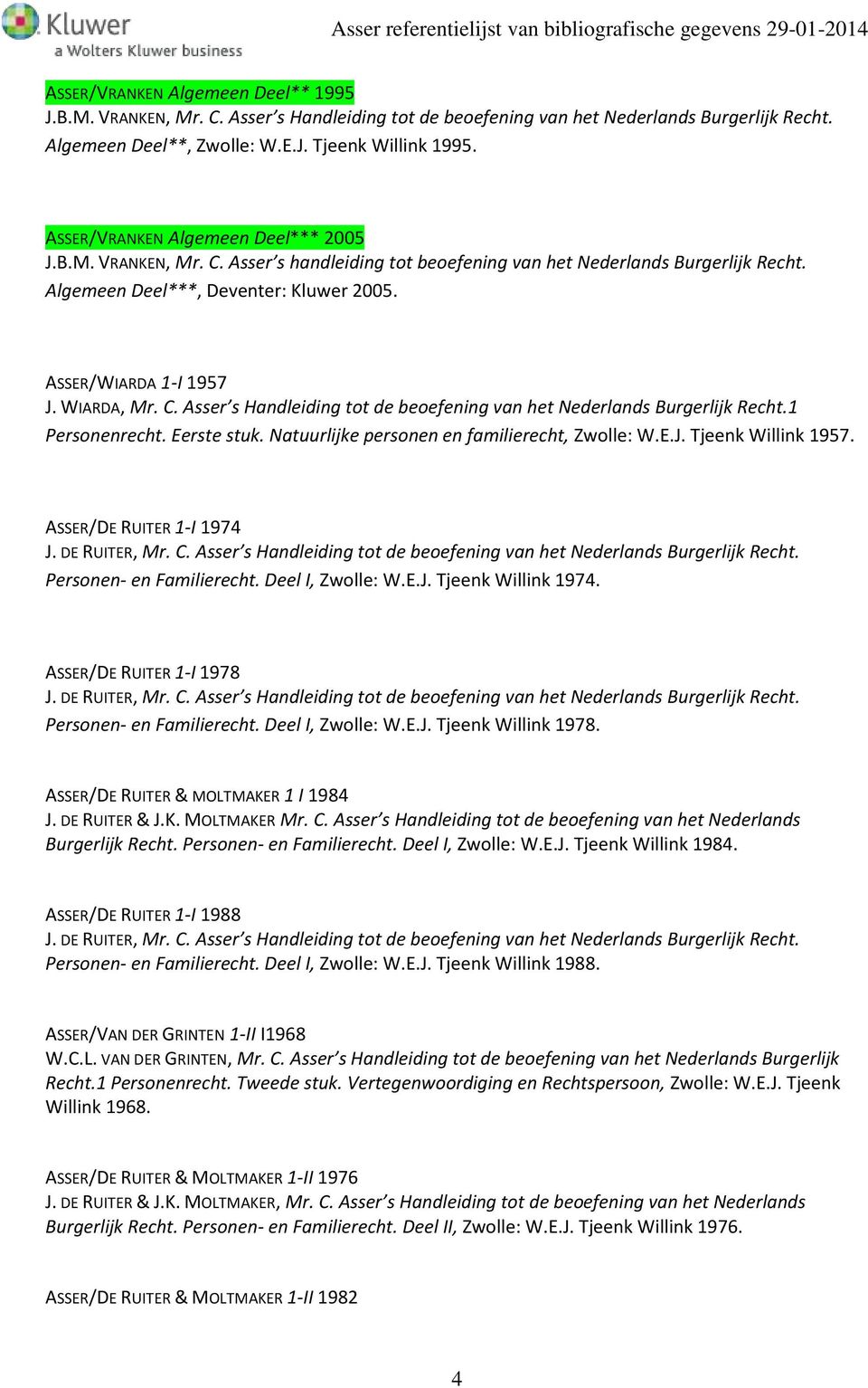 WIARDA, Mr. C. Asser s Handleiding tot de beoefening van het Nederlands Burgerlijk Recht.1 Personenrecht. Eerste stuk. Natuurlijke personen en familierecht, Zwolle: W.E.J. Tjeenk Willink 1957.