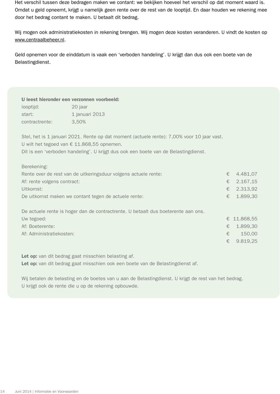 U vindt de kosten op www.centraalbeheer.nl. Geld opnemen voor de einddatum is vaak een verboden handeling. U krijgt dan dus ook een boete van de Belastingdienst.