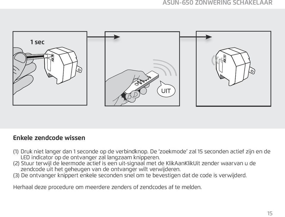 (2) Stuur terwijl de leermode actief is een uit-signaal met de KlikAanKlikUit zender waarvan u de zendcode uit het geheugen van