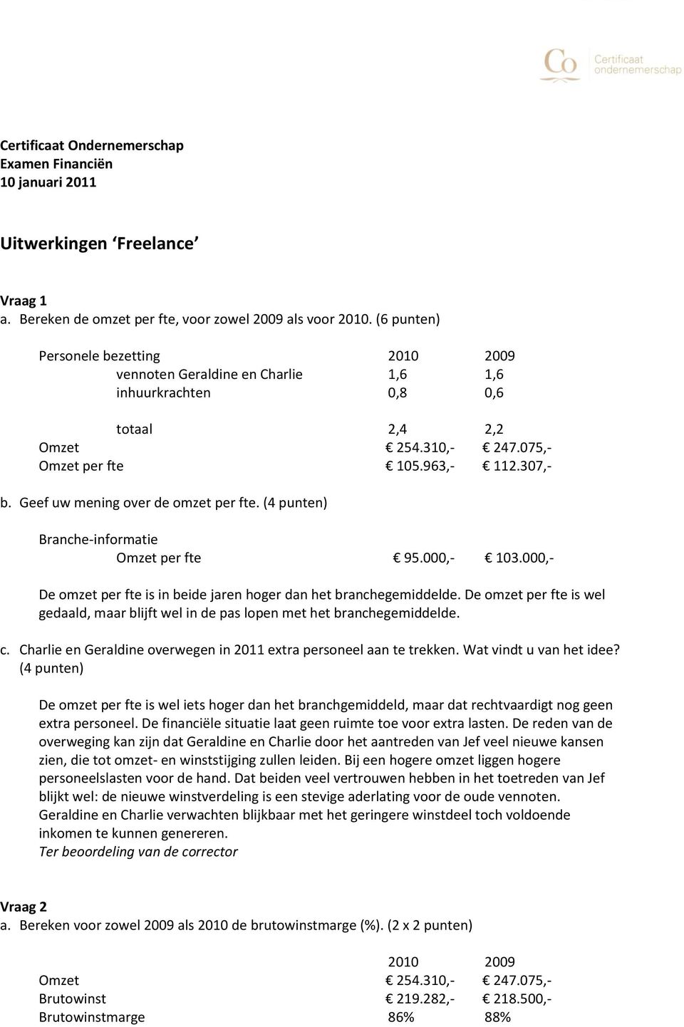 Geef uw mening over de omzet per fte. (4 punten) Branche-informatie Omzet per fte 95.000,- 103.000,- De omzet per fte is in beide jaren hoger dan het branchegemiddelde.