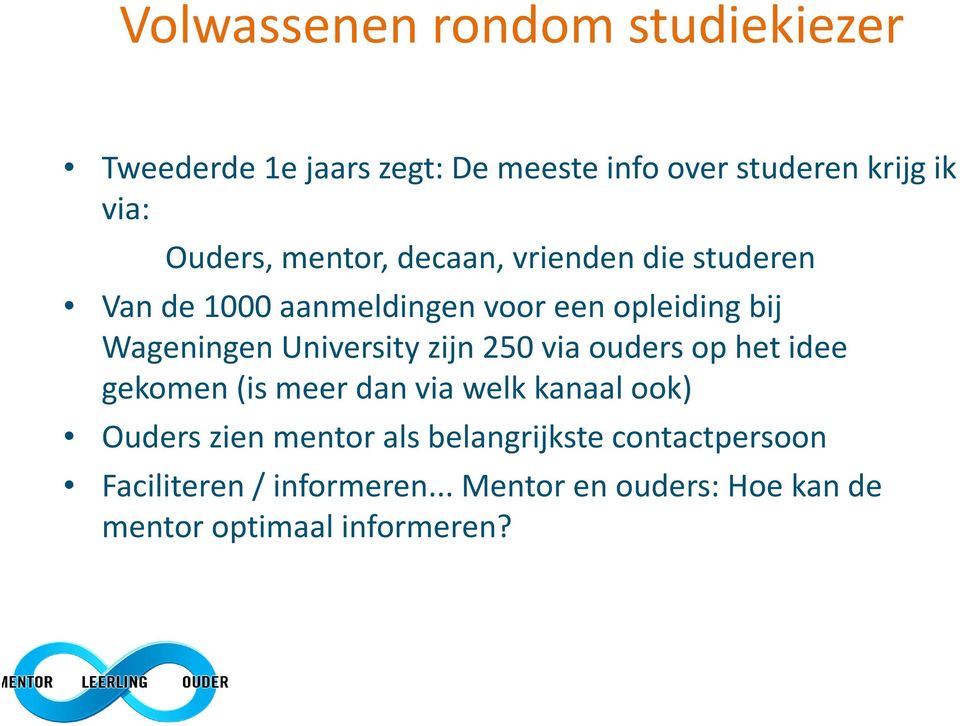 University zijn 250 via ouders op het idee gekomen (is meer dan via welk kanaal ook) Ouders zien mentor