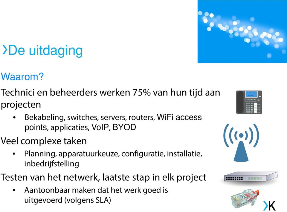 routers, WiFi access points, applicaties, VoIP, BYOD Veel complexe taken Planning,