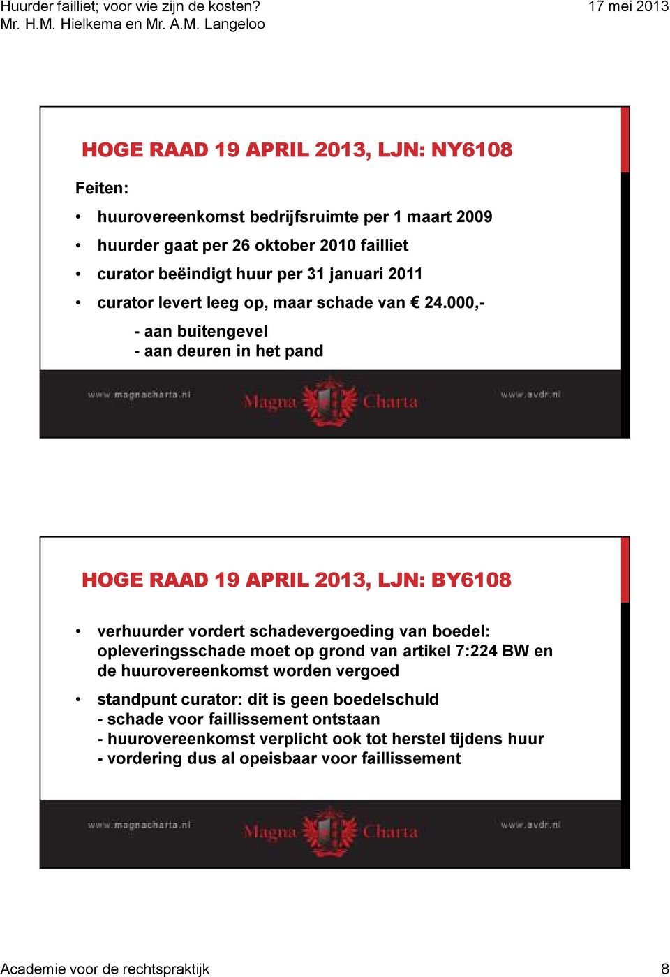 000,- - aan buitengevel - aan deuren in het pand HOGE RAAD 19 APRIL 2013, LJN: BY6108 verhuurder vordert schadevergoeding van boedel: opleveringsschade moet op grond