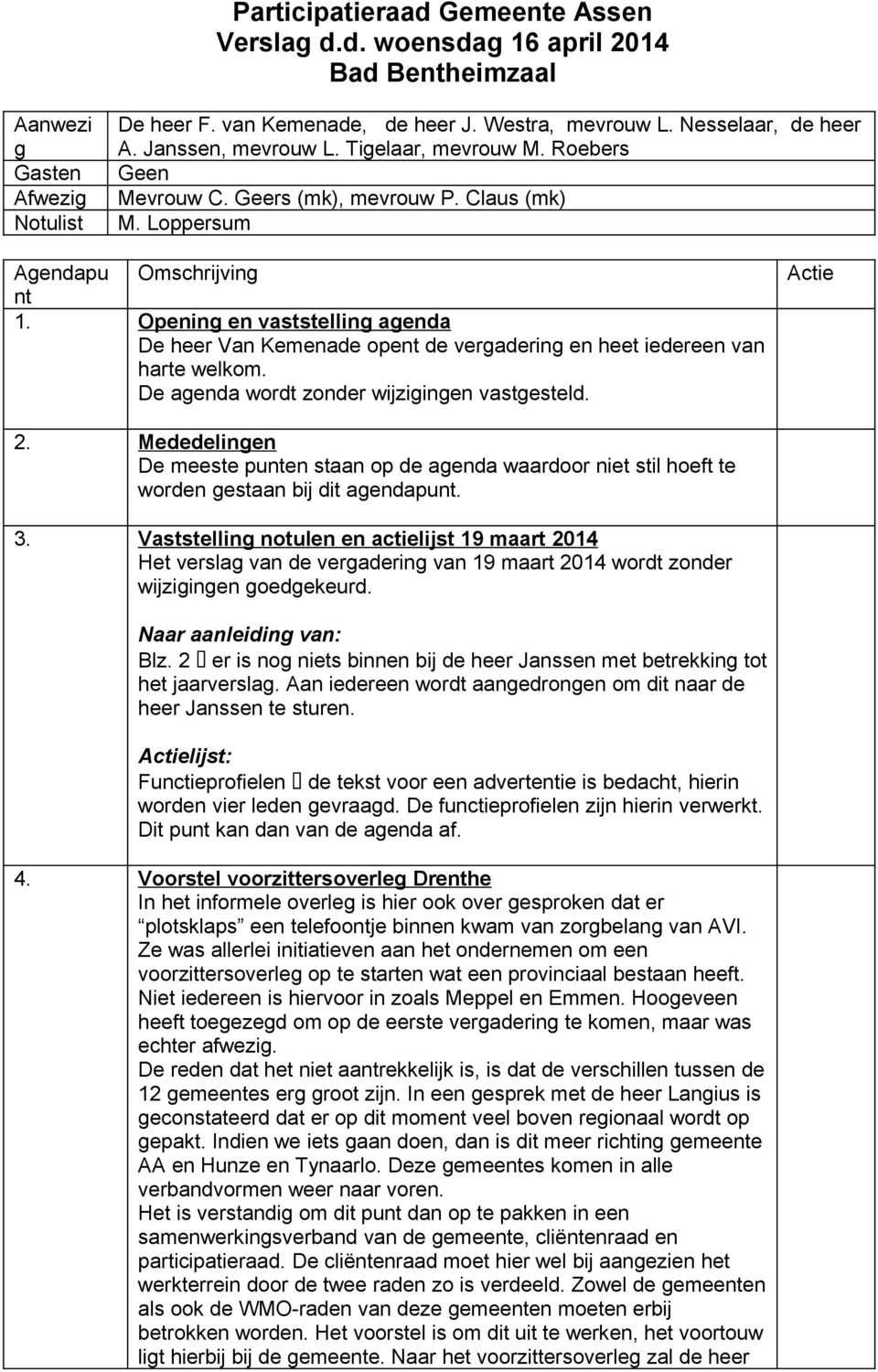 Opening en vaststelling agenda De heer Van Kemenade opent de vergadering en heet iedereen van harte welkom. De agenda wordt zonder wijzigingen vastgesteld. Actie 2.