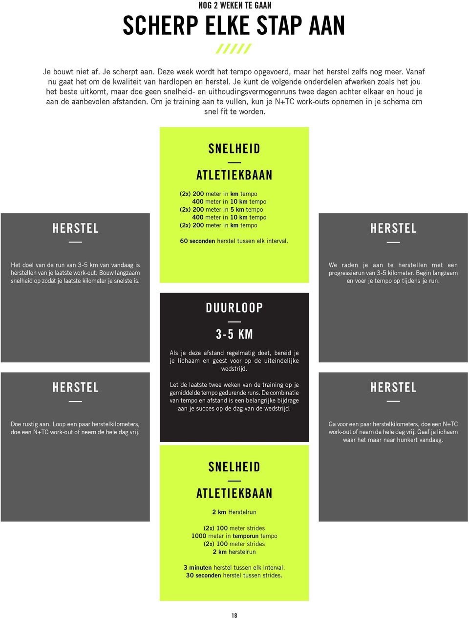Je kunt de volgende onderdelen afwerken zoals het jou het beste uitkomt, maar doe geen snelheid- en uithoudingsvermogenruns twee dagen achter elkaar en houd je aan de aanbevolen afstanden.