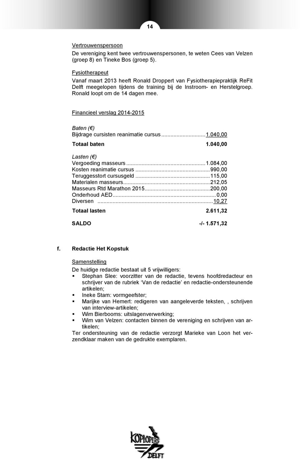 Financieel verslag 2014-2015 Baten ( ) Bijdrage cursisten reanimatie cursus... 1.040,00 Totaal baten 1.040,00 Lasten ( ) Vergoeding masseurs... 1.084,00 Kosten reanimatie cursus.