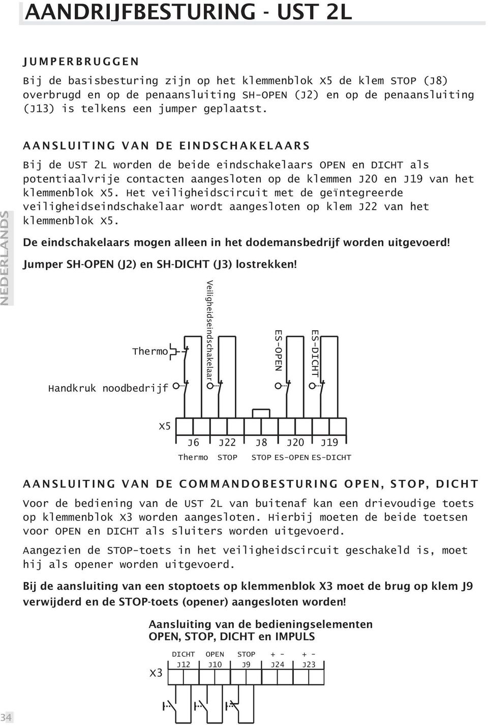 A A N S L U I T I N G V A N D E E I N D S C H A K E L A A R S Bij de UST 2L worden de beide eindschakelaars OPEN en DICHT als potentiaalvrije contacten aangesloten op de klemmen J20 en J19 van het