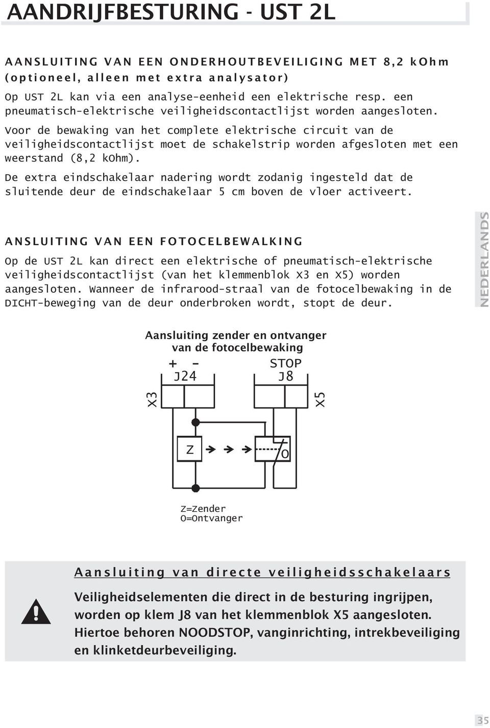 Voor de bewaking van het complete elektrische circuit van de veiligheidscontactlijst moet de schakelstrip worden afgesloten met een weerstand (8,2 kohm).