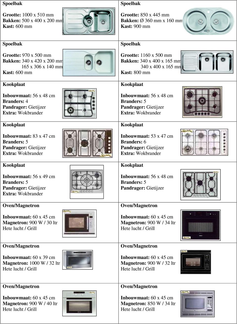 Inbouwmaat: 60 x 45 cm Magnetron: 900 W / 30 ltr Spoelbak Grootte: 1160 x 500 mm Bakken: 340 x 400 x 165 mm 340 x 400 x 165 mm Kast: 800 mm Inbouwmaat: 56 x 48 cm Branders: 5 Extra: Wokbrander