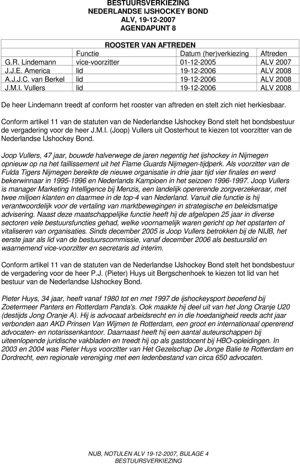 Conform artikel 11 van de statuten van de Nederlandse IJshockey Bond stelt het bondsbestuur de vergadering voor de heer J.M.I. (Joop) Vullers uit Oosterhout te kiezen tot voorzitter van de Nederlandse IJshockey Bond.