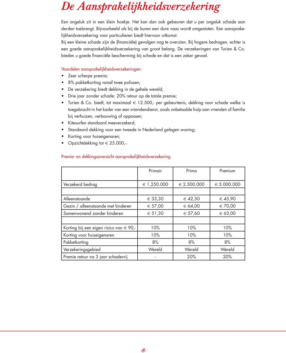 Bij een kleine schade zijn de (financiële) gevolgen nog te overzien. Bij hogere bedragen, echter is een goede aansprakelijkheidsverzekering van groot belang. De verzekeringen van Turien & Co.