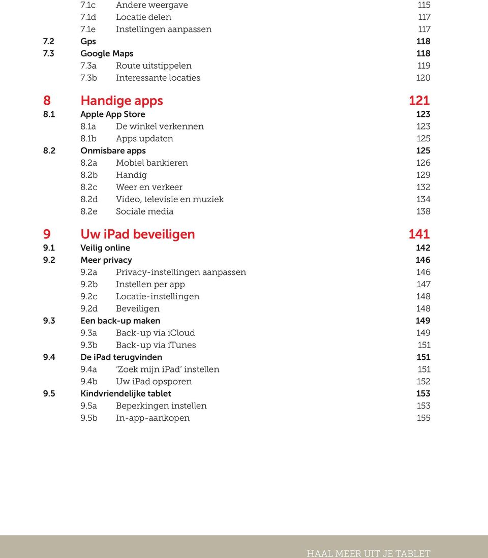 2d Video, televisie en muziek 134 8.2e Sociale media 138 9 Uw ipad beveiligen 141 9.1 Veilig online 142 9.2 Meer privacy 146 9.2a Privacy-instellingen aanpassen 146 9.2b Instellen per app 147 9.