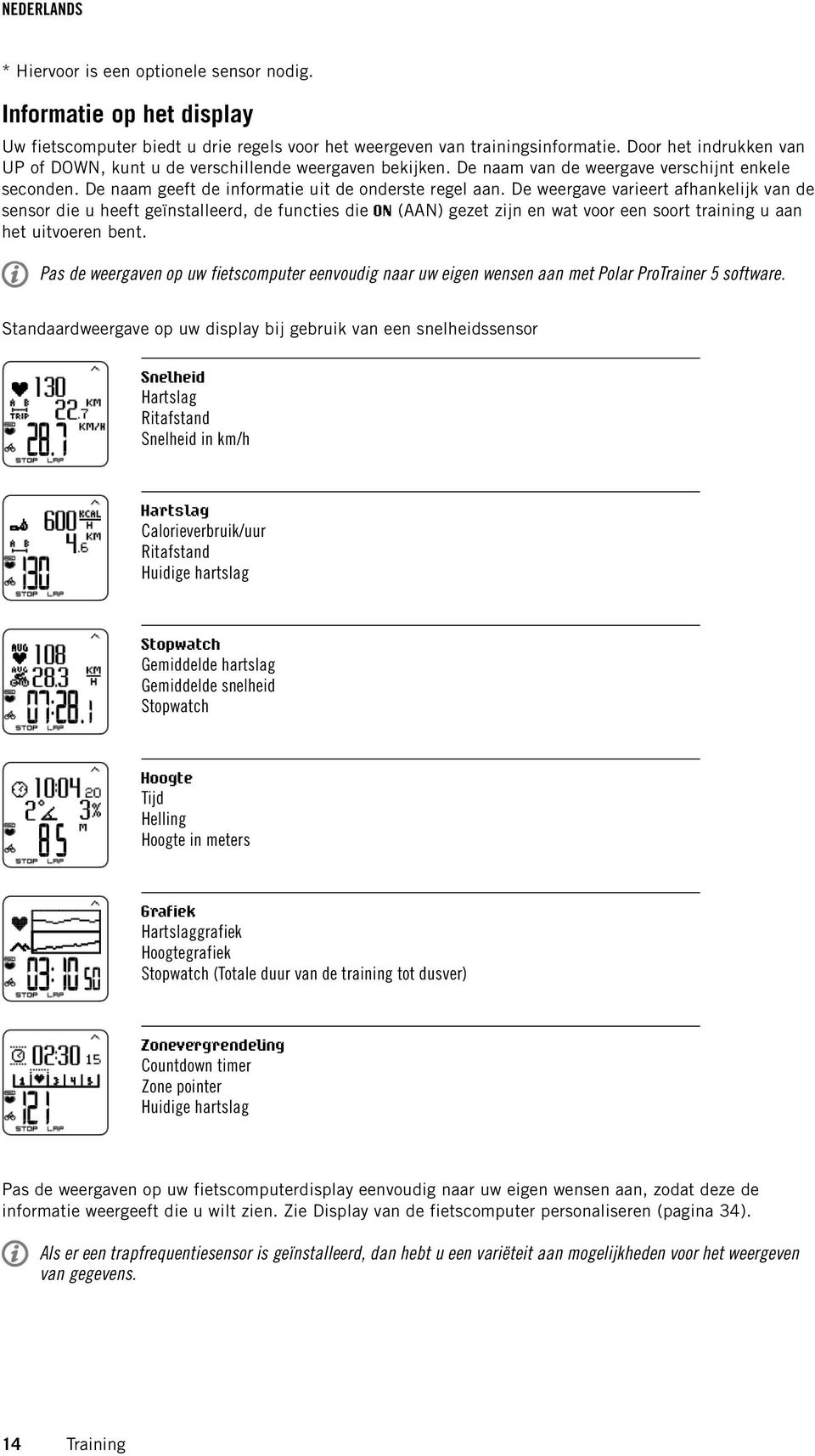 De weergave varieert afhankelijk van de sensor die u heeft geïnstalleerd, de functies die ON (AAN) gezet zijn en wat voor een soort training u aan het uitvoeren bent.